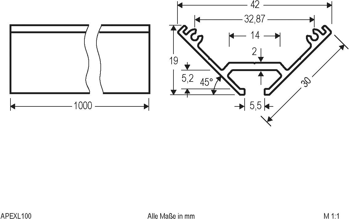 Technische Zeichnung eines Profils mit Maßen in Millimetern: Länge 1000, Breite 42, Höhe 30. Detaillierte Schnittansicht zeigt Winkel und Abstände.