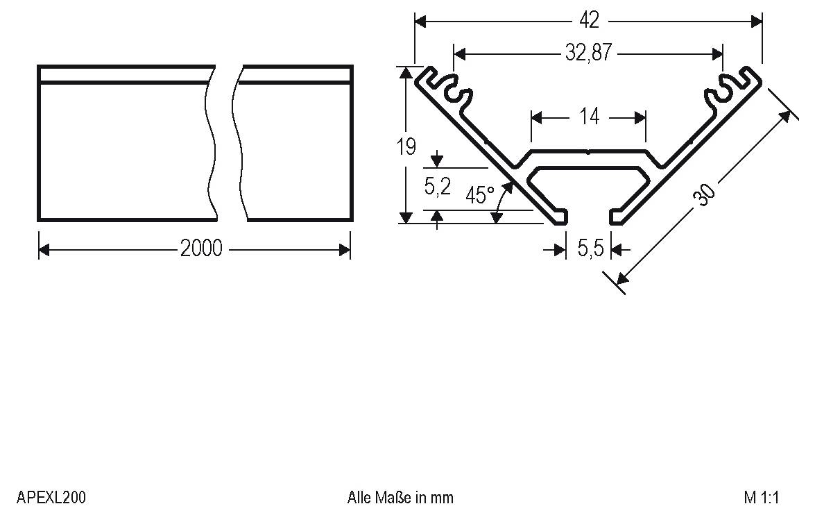 Technische Zeichnung eines Splitprofils mit der Bezeichnung APEXL200, zeigt Gesamtlänge 2000 mm und Querschnittabmessungen in Millimetern, einschließlich 42 mm Breite, 19 mm Höhe und 45° Winkel.