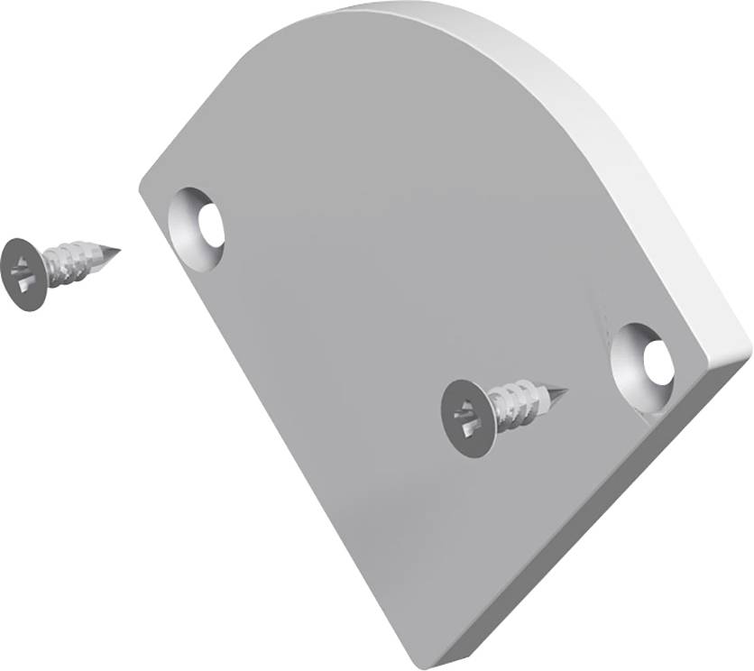 Metallplatte mit abgerundeten Ecken und zwei Löchern, jeweils mit Schrauben darin, möglicherweise für Wandmontage vorgesehen.