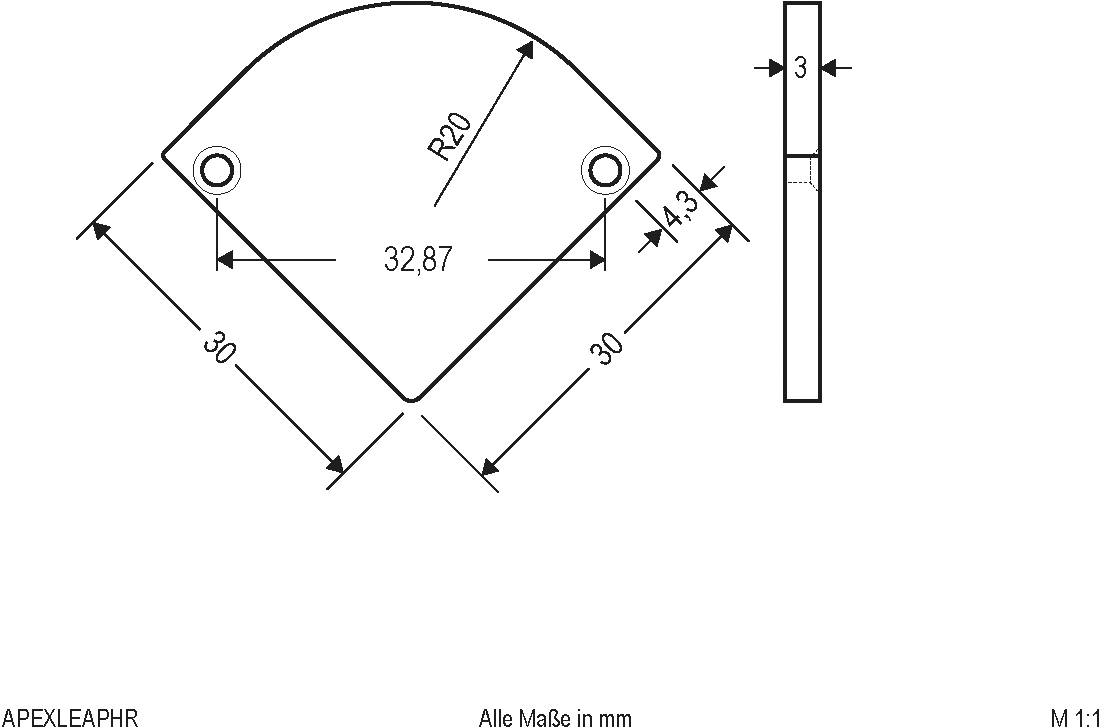 Technische Zeichnung eines gekrümmten Blechteils mit Bohrungen. Bemaßungen: 30 mm, 32,87 mm, R20, 4,3 mm dick. Maße in mm.