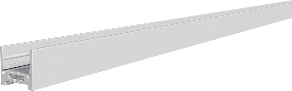 Lange lineare Aluminiumbahn oder -schiene mit einem montierten Gleitkanal, perspektivisch auf weißem Hintergrund dargestellt.