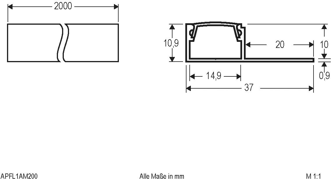 Technische Zeichnung eines Profils mit Abmessungen in mm: Gesamtlänge 2000, Breite 37, Höhe 10,9, Stärke der Platte 0,9. Maßstab 1:1.
