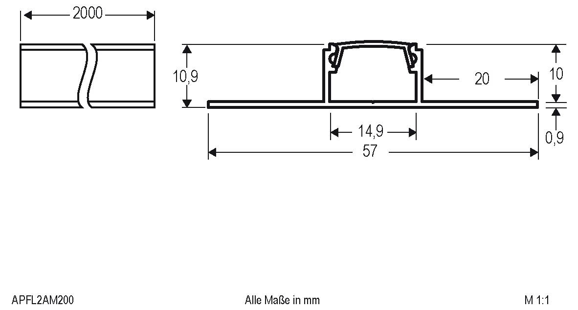 Technische Maßzeichnung eines Profilverbinders: 2000 mm Länge, 57 mm Basisbreite, 10,9 mm Höhe, 14,9 mm Mittelbr­eite, 20 mm und 10 mm Seitenmessungen.