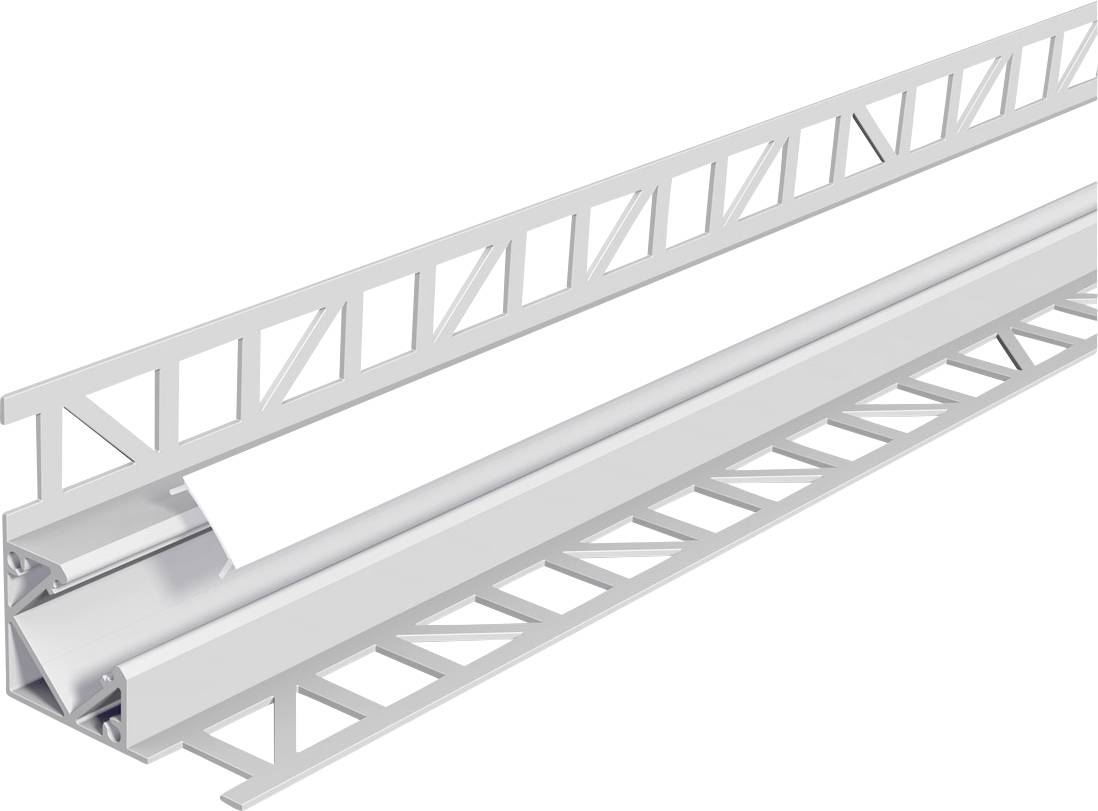 Metallische Konstruktionsschiene mit offenen Seitenstreben zur Stabilisierung, meist verwendet für Bauprojekte oder Installationen.