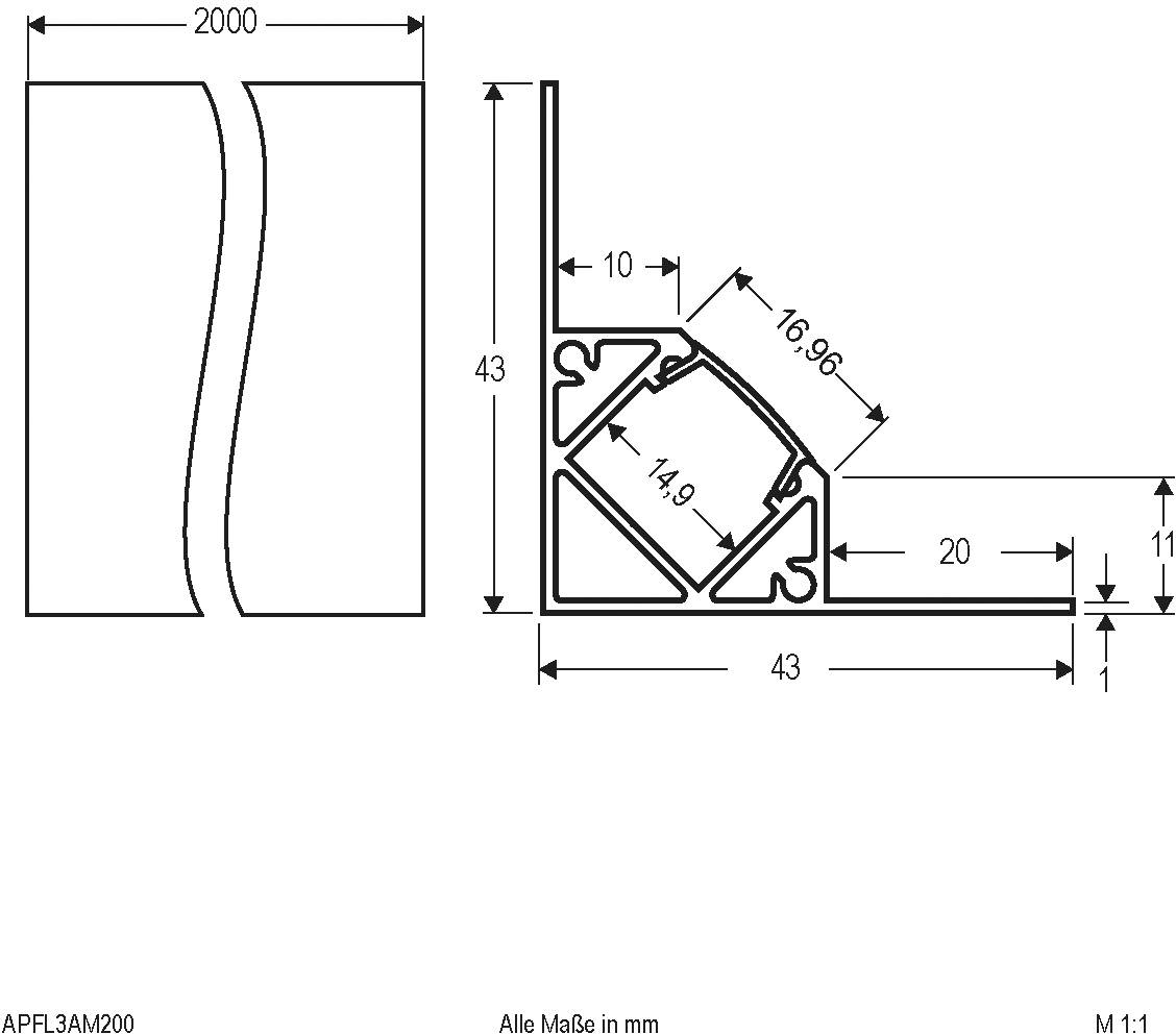 Technische Zeichnung eines Aluminiumprofils für Bodenbeläge. Maße: 2000 mm Länge, 43 mm Höhe, Querschnitt zeigt Winkel und Materialstärke.