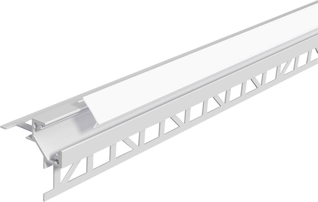 Weißes Aluminium-Treppenkantenprofil mit durchbrochener Seitenflansche und rutschfester Oberseite zum Abschluss von Treppenkanten.