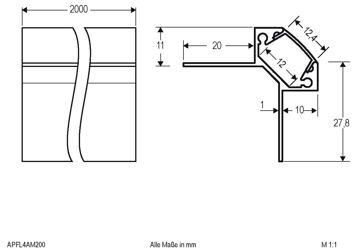 Technische Zeichnung eines gebogenen Metallprofils mit einer Breite von 2000 mm und detaillierten Querschnittsabmessungen, die in Millimetern gekennzeichnet sind.