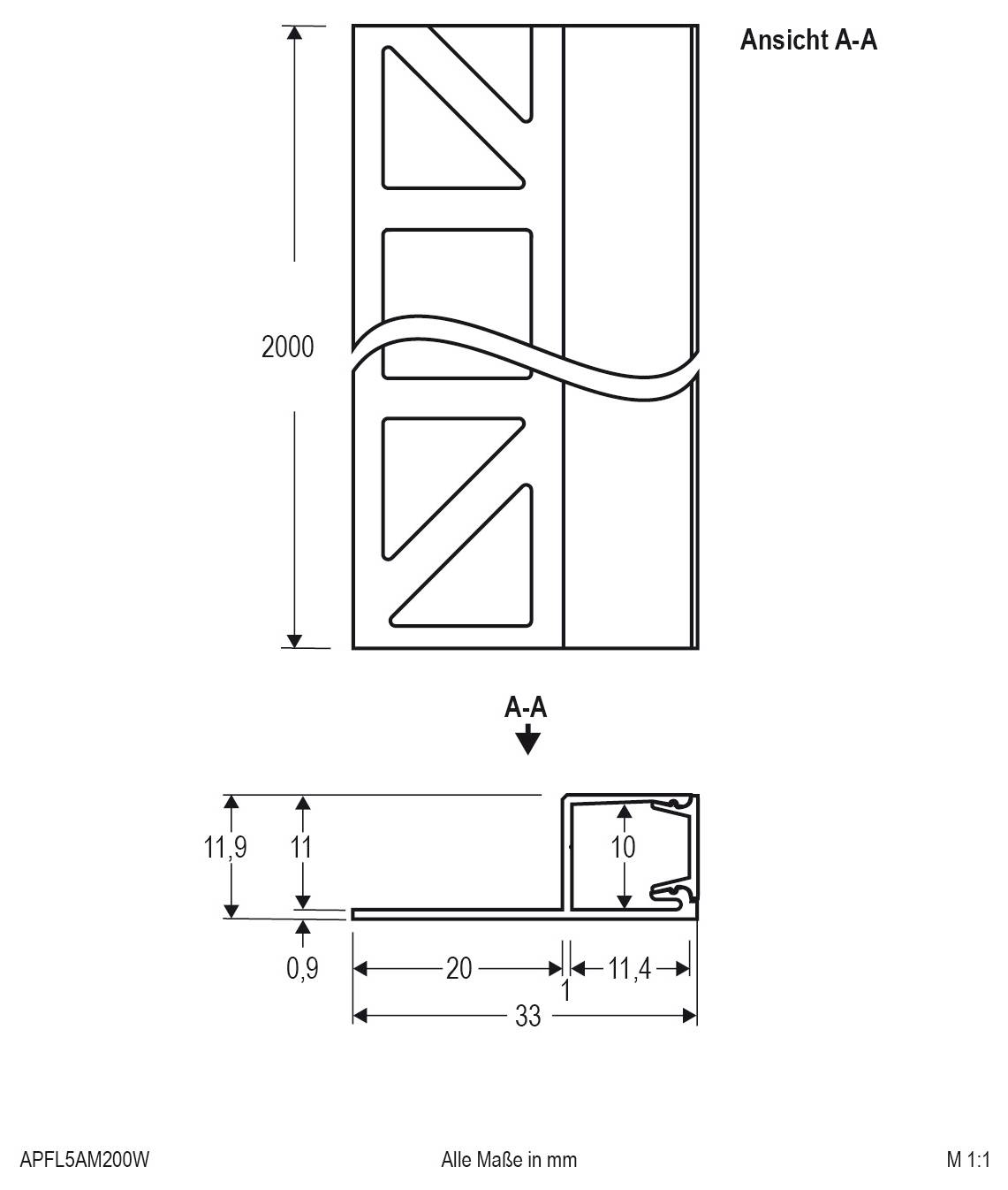 Technische Zeichnung eines 2000 mm hohen Strukturprofils, dargestellt in Vorder- und Querschnittsansicht A-A mit Schlüsseldimensionen in Millimetern.