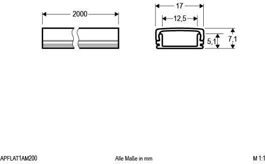 Technische Zeichnung von zwei Ansichten eines rechteckigen Profils. Maße links: Länge 2000 mm. Maße rechts: Breite 17 mm, Tiefe 12,5 mm, Höhe 5,1 mm.