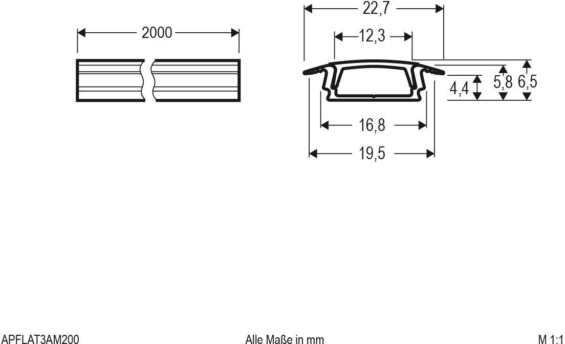 Technische Zeichnung eines Profilschnitts mit den Abmessungen in Millimetern. Länge: 2000, Breite: 22,7, Höhe: 12,3.