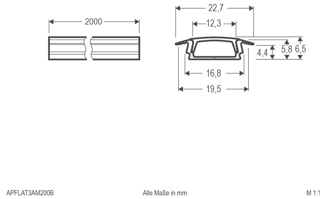 Technische Zeichnung eines Aluminiumprofils und seines Querschnitts, die die Gesamtlänge von 2000 mm und wichtige Breiten/Höhen in Millimetern zeigt.