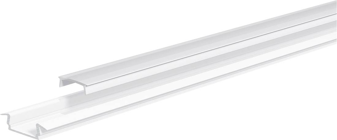 Nahaufnahme einer durchsichtigen U-förmigen Kunststoff-Kanalleiste, diagonal auf weißem Hintergrund dargestellt.