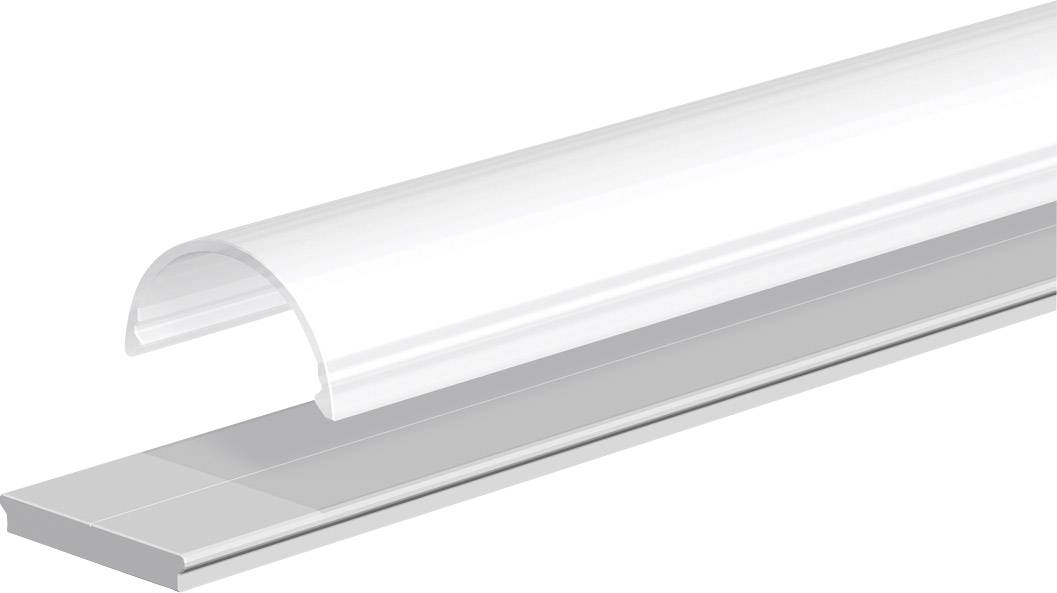 Transparente Kunststoff-Schnappabdeckung für eine metallische lineare Leuchte oder LED-Kanal, dargestellt in Seitenansicht auf einer grauen Basis.