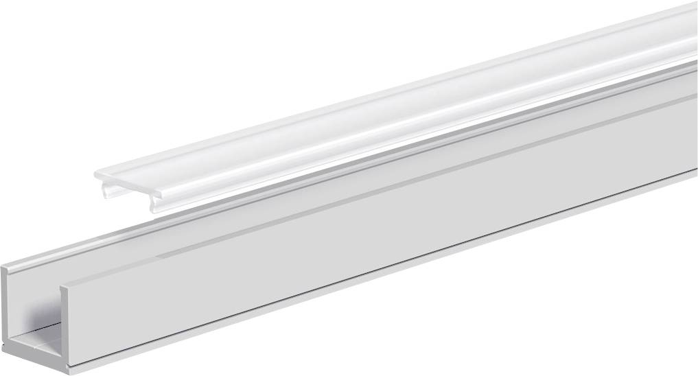 Weißes Aluminium-U-Profil mit transparenter Kunststoffabdeckung, perspektivisch auf weißem Hintergrund dargestellt.