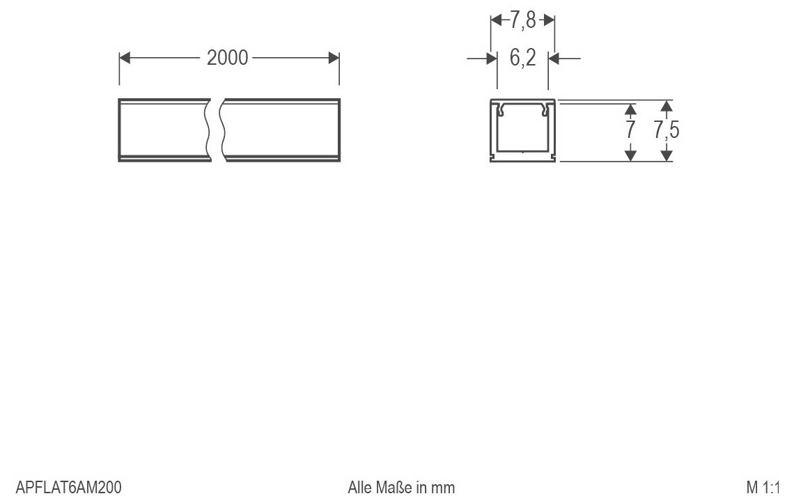 Technische Zeichnung eines rechteckigen Profils mit einer Länge von 2000 mm und einem Querschnitt von 7,8 mm × 7,5 mm, mit allen Abmessungen in mm.