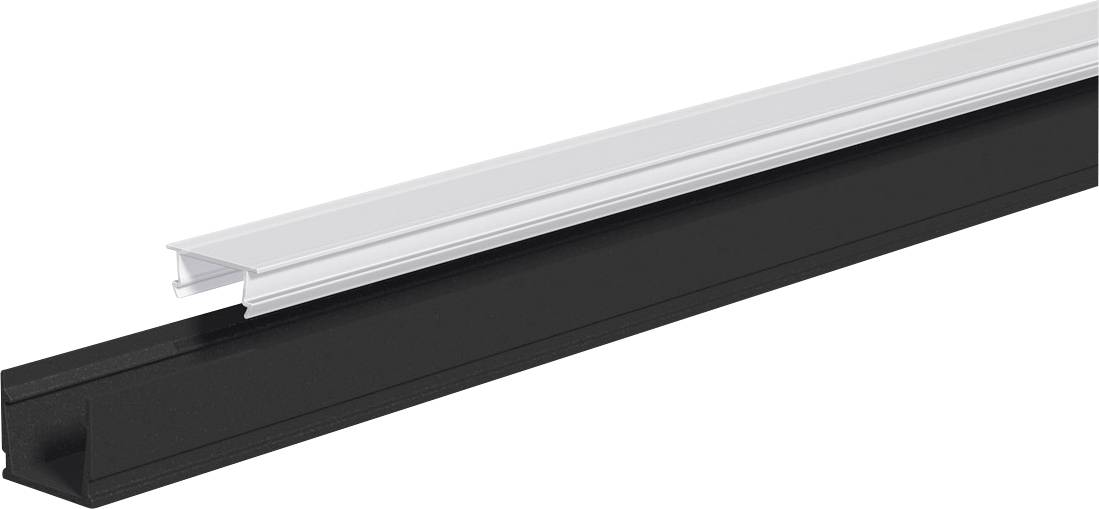 Ein schwarzes und weißes Kunststoffprofil, wahrscheinlich Teil eines Befestigungssystems, liegt horizontal vor weißem Hintergrund.