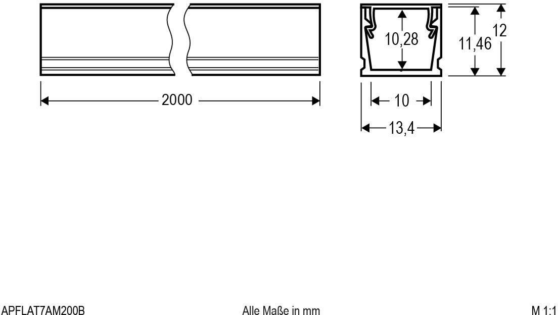 Technische Zeichnung eines Bauteils: Eine Rinne mit den Maßen 2000 mm in der Länge, Querschnittbreite 13,4 mm, Höhe 12 mm.