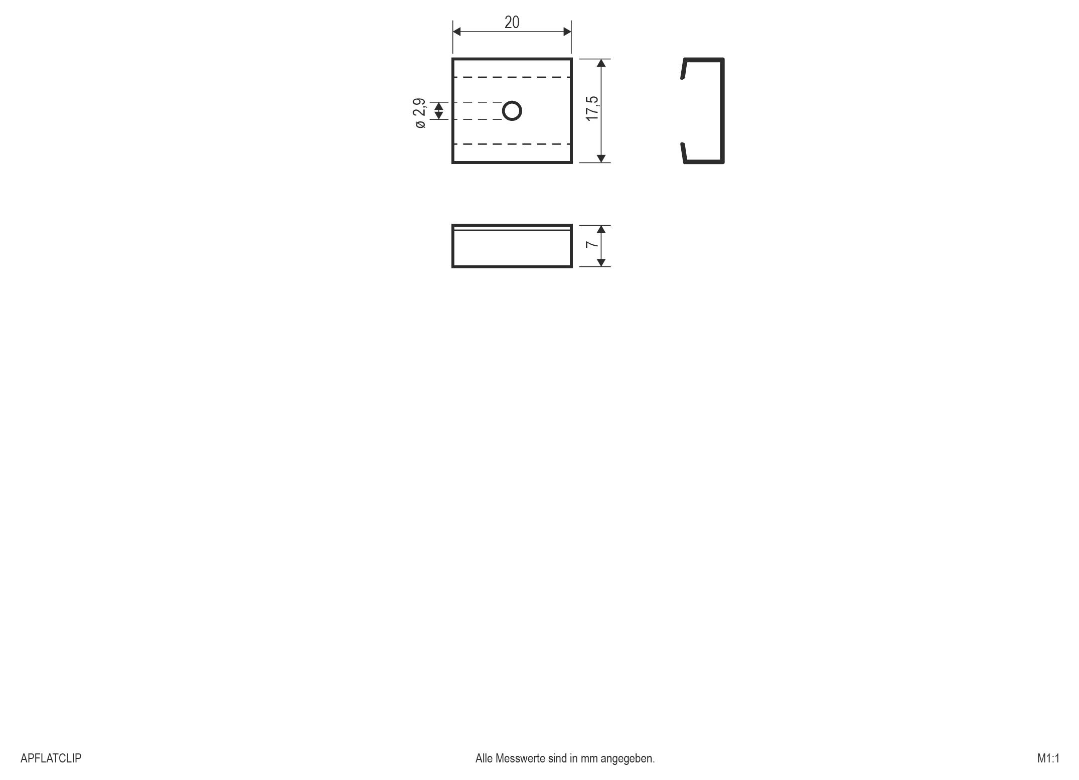 Technische Maßzeichnung eines kleinen rechteckigen Clips: 20 mm breit, 17,5 mm hoch, 7 mm tief, mit einem zentralen Loch.