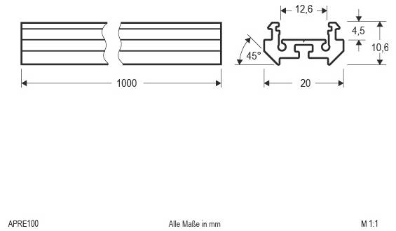 Technische Zeichnung eines geteilten Schienenprofils, das zwei Seitenansichten mit den Abmessungen 1000 mm Länge, 15,1 mm Breite und 4 mm Höhe zeigt, Maßstab 1:1.