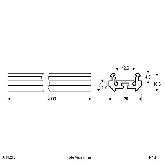 Technische Zeichnung eines Profils: Länge 2000 mm, Breite 20 mm. Querschnittsdetails mit Winkeln und Abmessungen in Millimetern.