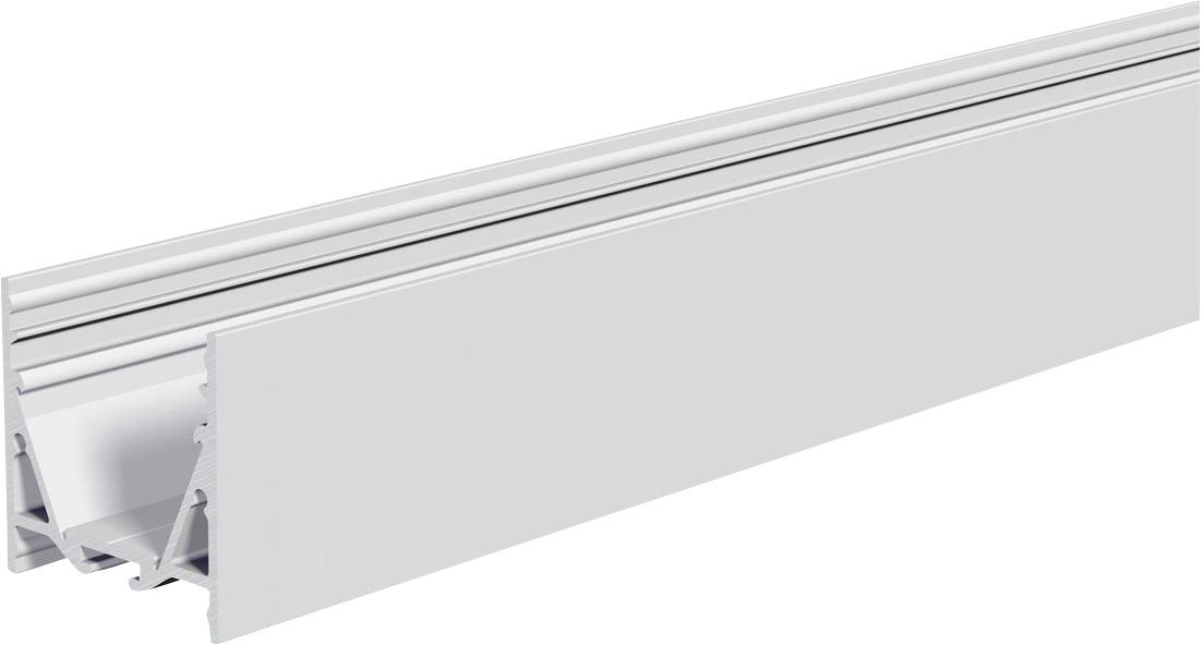 Weißes Aluminium-LED-Kanalprofile mit mattiertem Diffusor-Abdeckung, gezeigt in schräger Seitenansicht auf weißem Hintergrund.