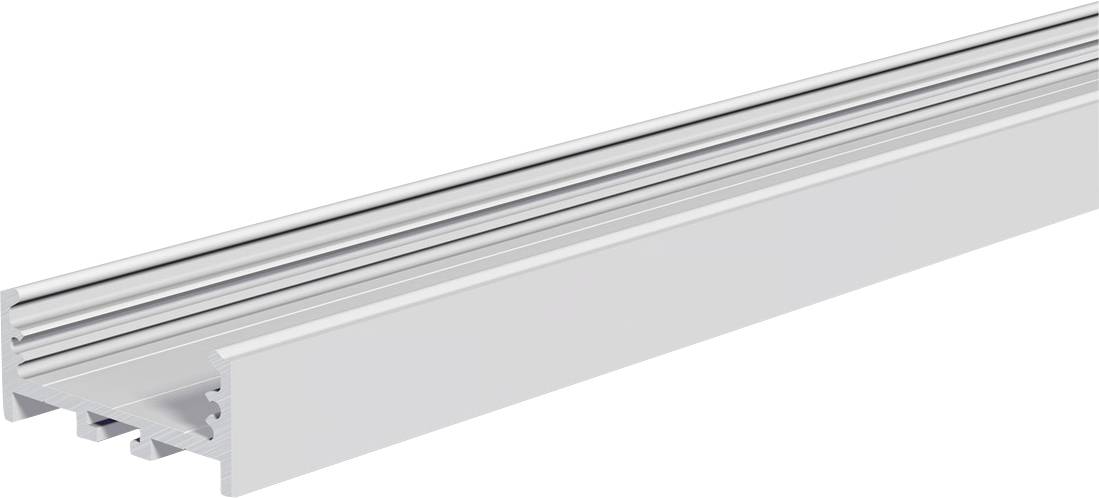 Langes silbernes Aluminium-Strangpressprofil mit Nuten und Kanälen, in Perspektive auf weißem Hintergrund dargestellt.