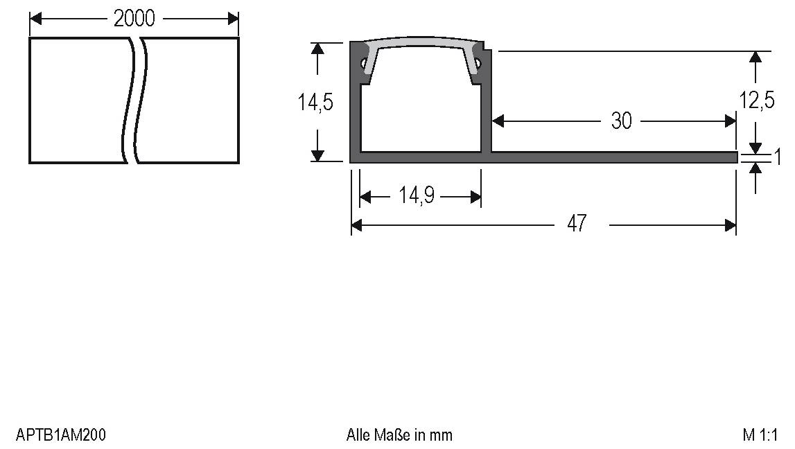 Technische Maßzeichnung eines Klemmprofilprofils: links zeigt eine Länge von 2000 mm, rechts zeigt den Querschnitt und Maße in Millimetern, einschließlich 47, 30, 14,9, 14,5, 12,5 und 1 mm.