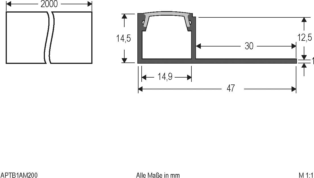 Technische Zeichnung eines Profilschnitts mit Maßen: Breite 2000 mm, Höhe 14,5 mm, Breite 30 mm an der rechten Seite. Alle Maße in mm.