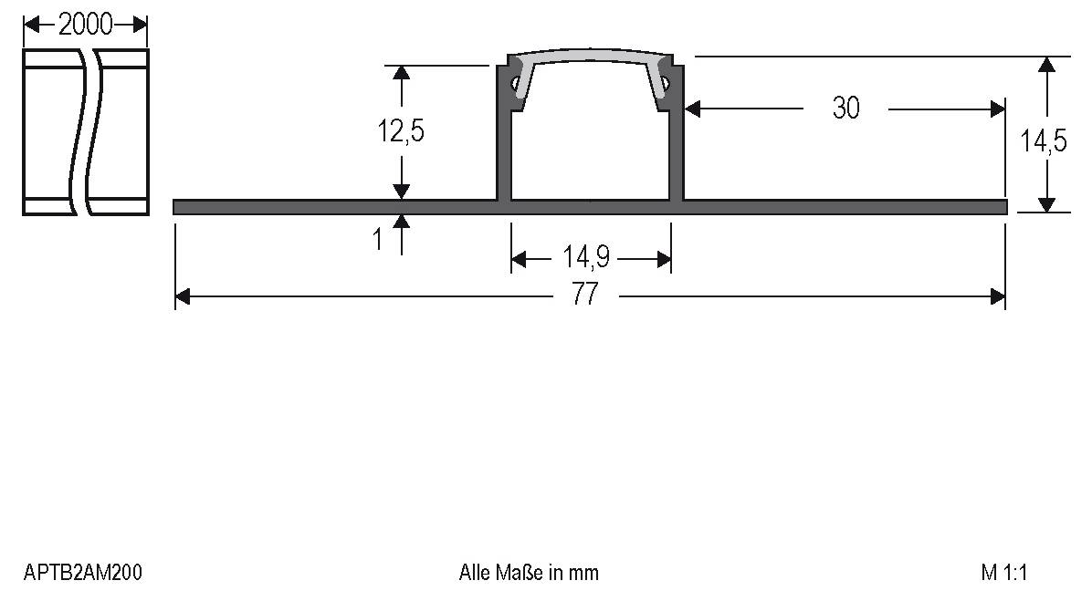 Technische Zeichnung eines Profilclips mit Abmessungen in Millimetern, die eine 77 mm Basis, 12,5 mm Höhe, 14,9 mm Breite und 30 mm Abstand zeigt.
