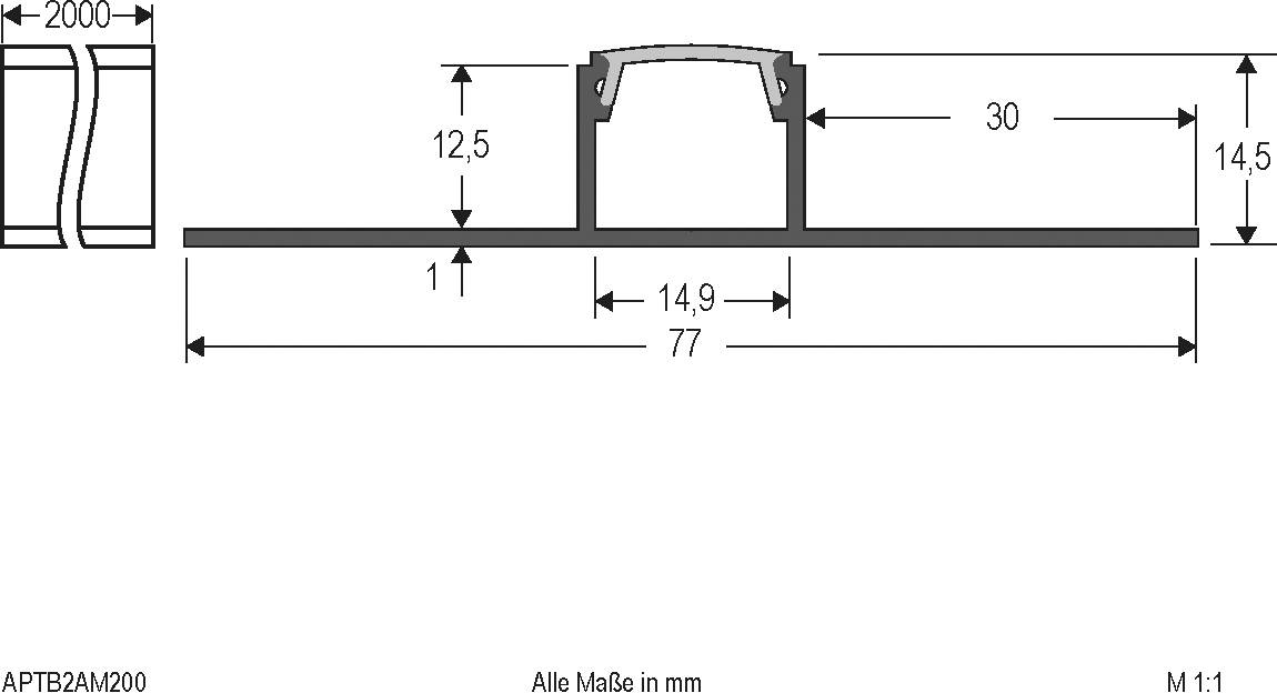 Schnittdarstellung eines Bauteils mit den Maßen: Länge 2000 mm, Höhe 12,5 mm, Breite 30 mm, Basisbreite 14,9 mm. Alle Maße in mm.