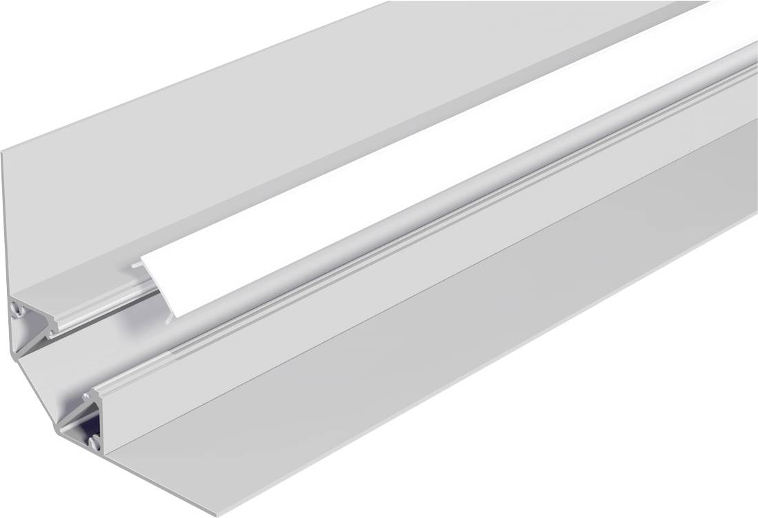 Metallisches lineares Leuchtengehäuse mit weißem Diffusor, in Perspektive auf weißem Hintergrund dargestellt.