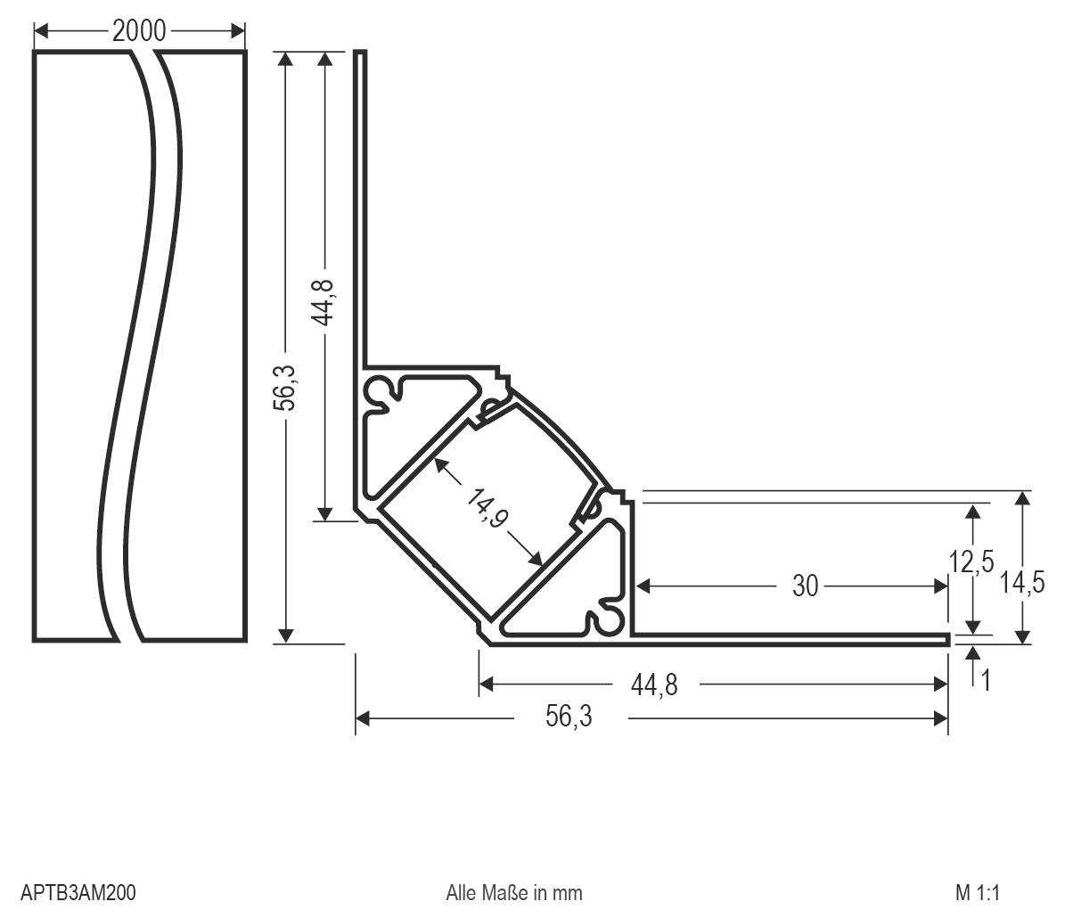 Technische Querschnittszeichnung eines gebogenen Profils mit Abmessungen in Millimetern, einschließlich 2000 Länge und 56,3, 44,8, 30, 14,9, 12,5, 14,5 Messungen.