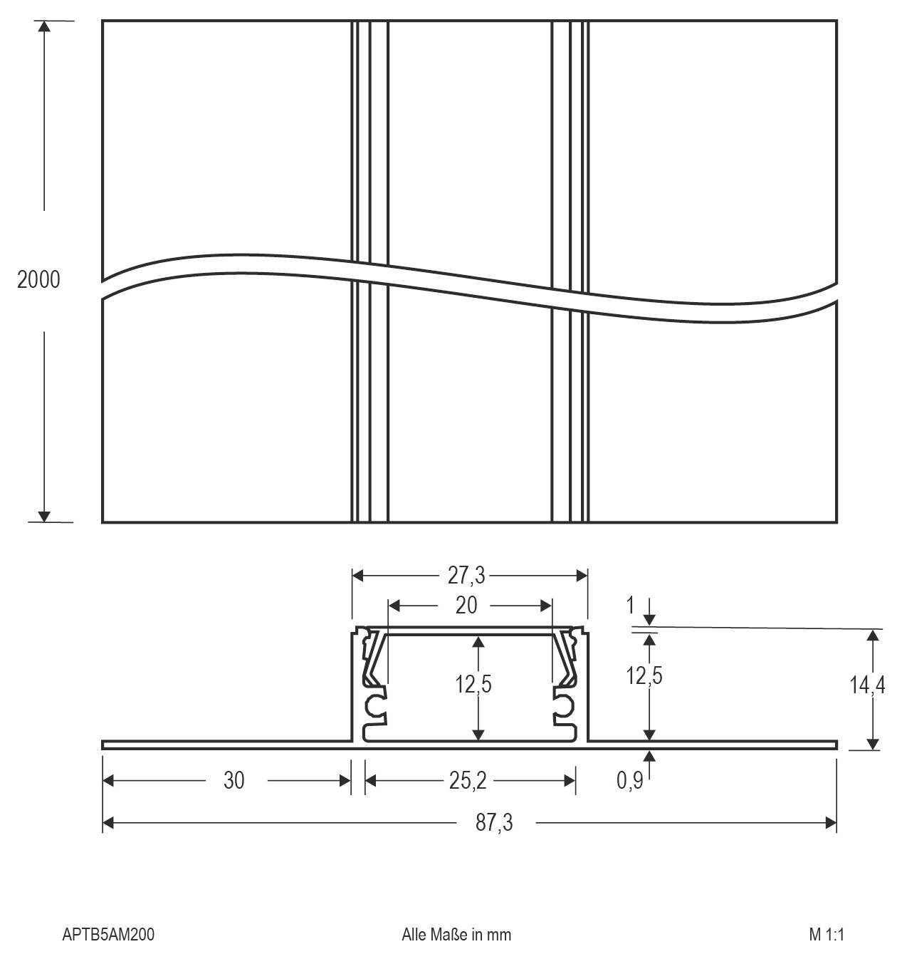 Technische Zeichnung eines Paneels oder Profils: Die Draufsicht zeigt ein 2000 mm breites Blech mit vertikalen Nähten und einer gewellten horizontalen Linie; die Unteransicht gibt Querschnittsabmessungen in Millimetern an.