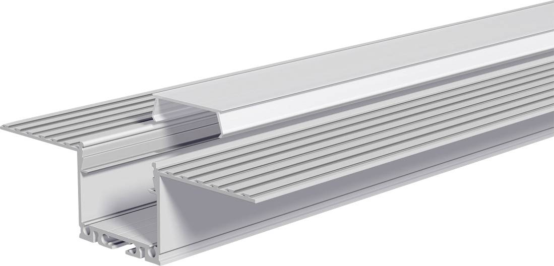 Aluminium-Extrusionsprofil mit schlitzförmigen Kanälen und einer zentralen Schiene, dargestellt als technisches Produktprofil auf weißem Hintergrund.