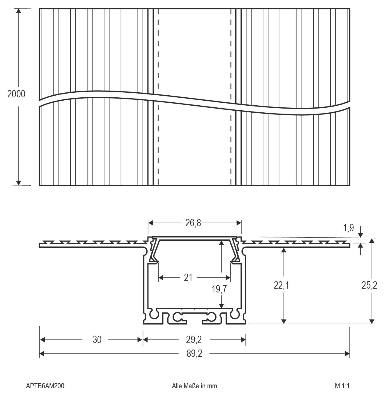 Technische Zeichnung eines gewellten Paneels und eines Aluminiumprofil-Querschnitts mit Maßangaben in Millimetern und Maßstab 1:1.
