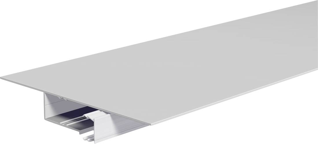 Lange Aluminium-Linearleuchtenfassung mit flacher silberner Streuscheibe und versenkt angebrachten internen Komponenten.