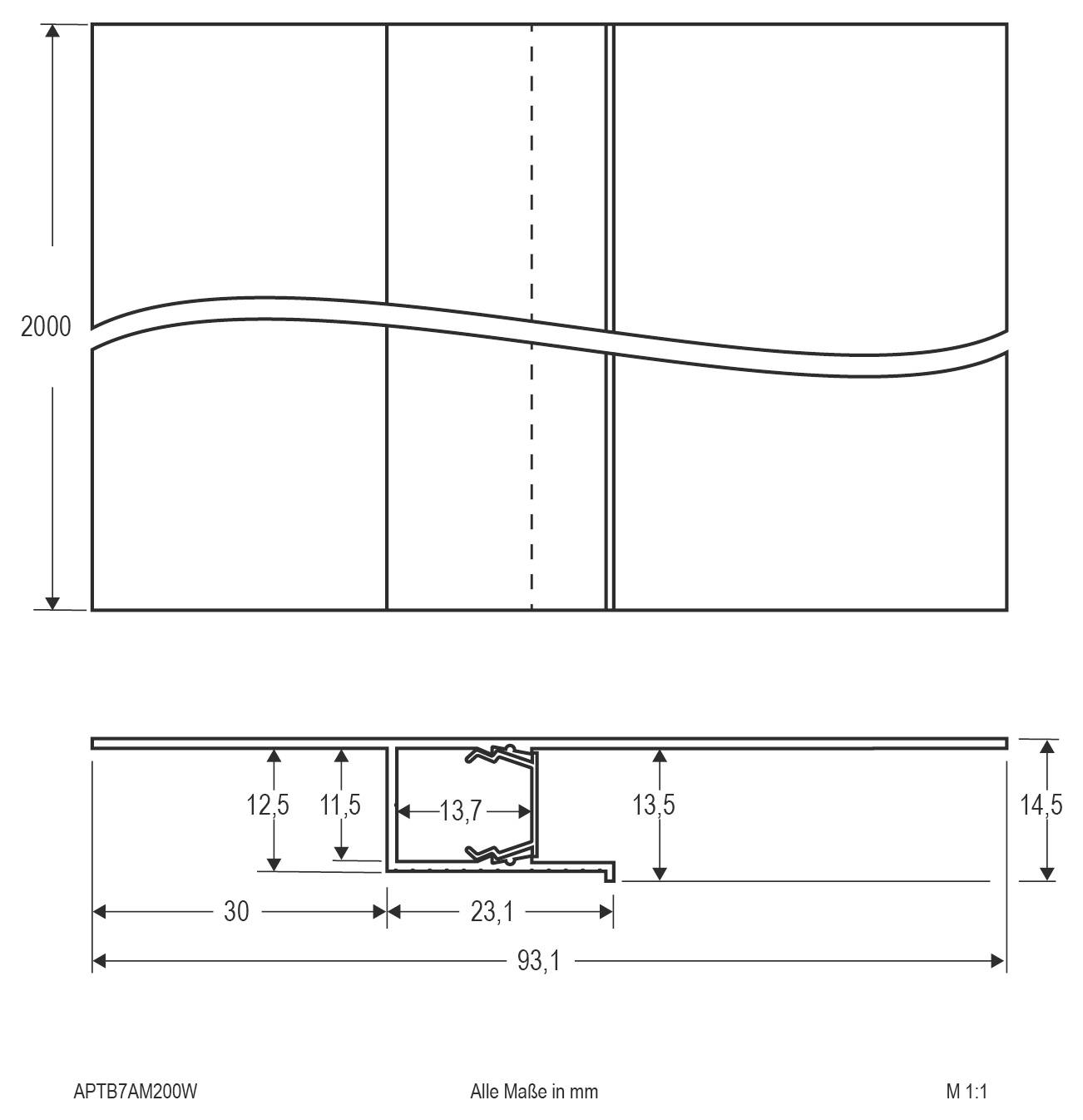 Technische Zeichnung mit Maßangaben eines Wellenpanels mit Vorder- und Seitenansicht, mit Maßen in Millimetern, einschließlich 2000 mm Höhe und 93,1 mm Breite.