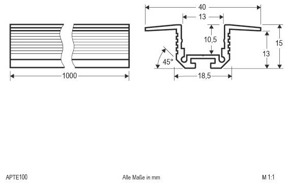 Technische Zeichnung eines geraden Schienen-/Gleisstücks mit einer zentralen Fuge, showing Abmessungen: 2000 mm Länge, 17 mm Breite, 12,5 mm Innenbreite, 5,1 mm und 7,1 mm Höhen.