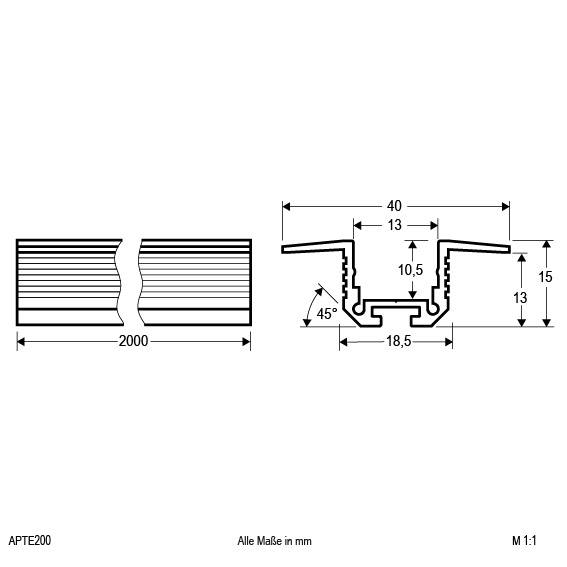 Technische Zeichnung eines Profilschnitts in 1:1 Maßstab. Zeigt seitliche und obere Ansichten mit Maßen und Winkeln in Millimetern.