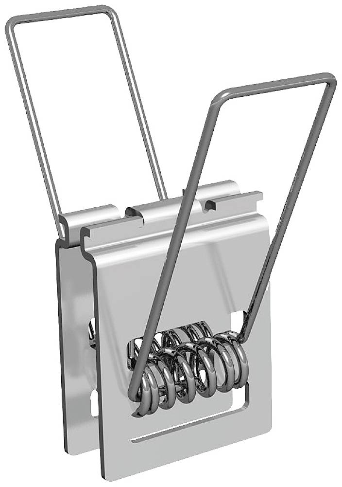 Metallklammer mit Doppelfedern und Hebeln, geöffnet. Entwickelt zum Halten oder Verschließen von Objekten.