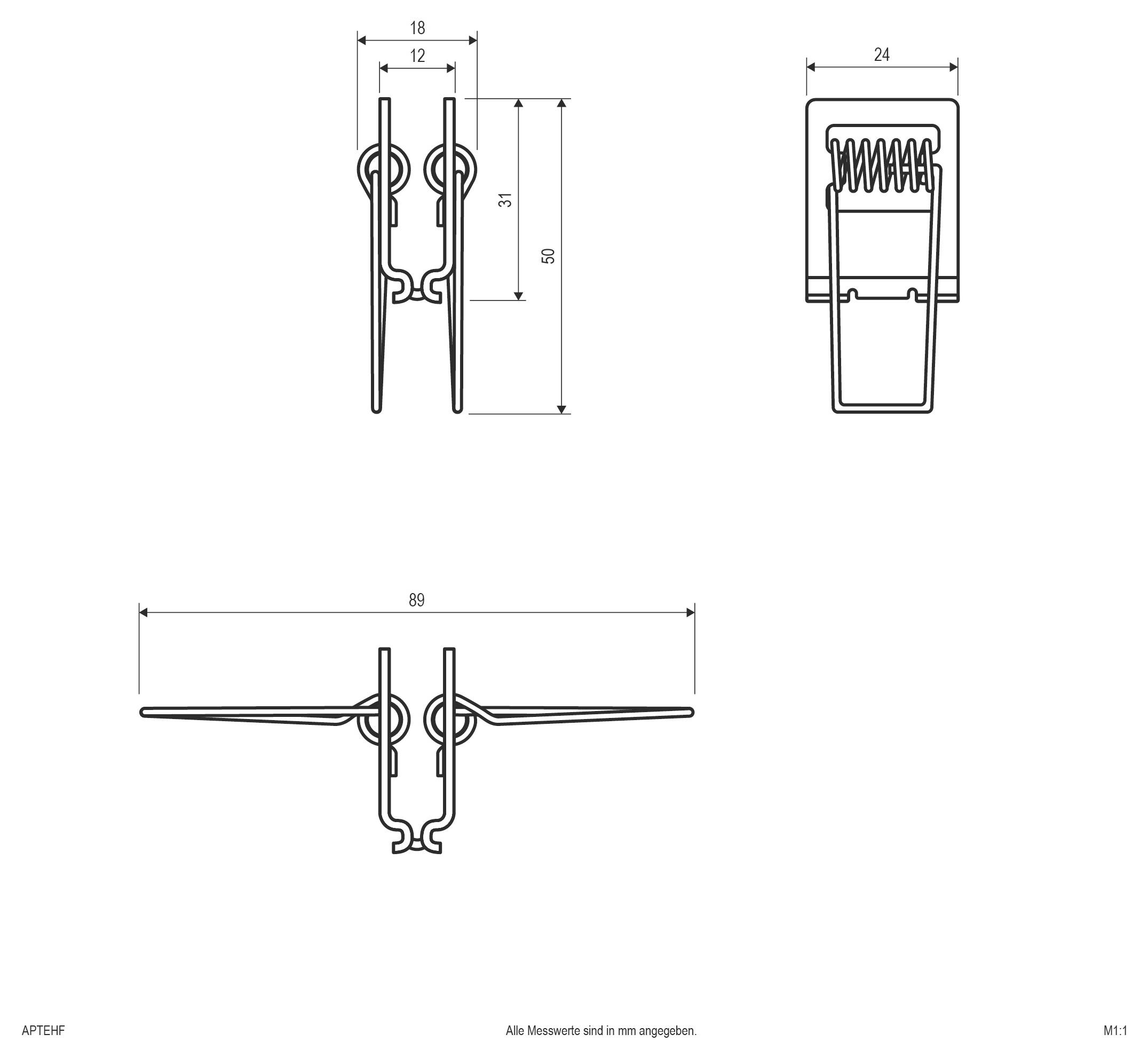 Technische Linienzeichnung einer Federklemme, dargestellt in drei Ansichten, mit den Abmessungen 18, 24, 31, 50 und 89 mm.
