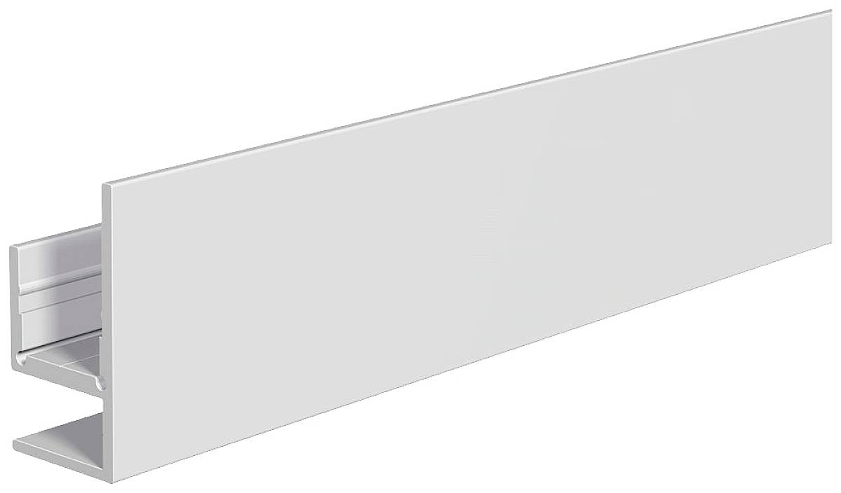 Aluminiumschiene mit glatter Vorderseite und Hakenprofil auf der Rückseite, geeignet zur Befestigung und Stabilisierung von Platten oder Paneelen.