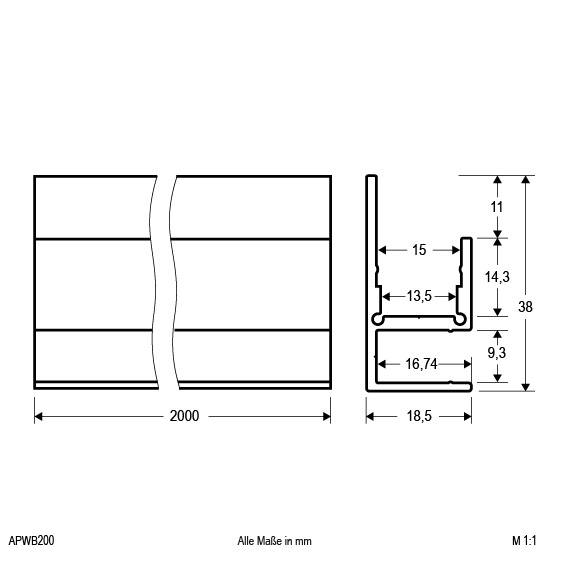 Technische Zeichnung eines Profils mit Maßangaben: Länge 2000 mm, Breite 38 mm, zahlreiche spezifische Messungen seitlich.