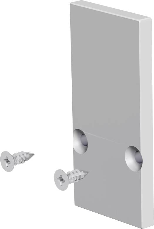 Zwei Schrauben, die mit einer grauen Montageplatte ausgerichtet sind, zeigen, wie die Platte an ihrem Platz befestigt wird.