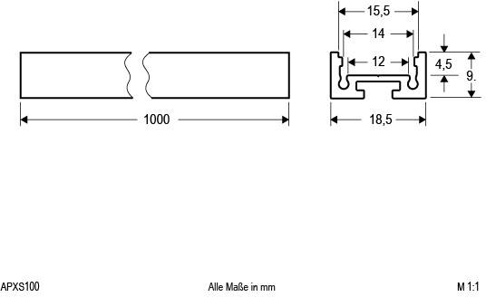 Technische Zeichnung eines Profils. Länge 1000 mm. Querschnitt: 18,5 mm Breite, 15,5 mm Höhe. Alle Maße in mm. Maßstab 1:1.