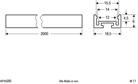 Technische Zeichnung eines Aluminiumprofils, Maße in Millimetern. Länge 2000, Nutbreite 12, Profilhöhe 18,5, andere Maße wie gezeigt.