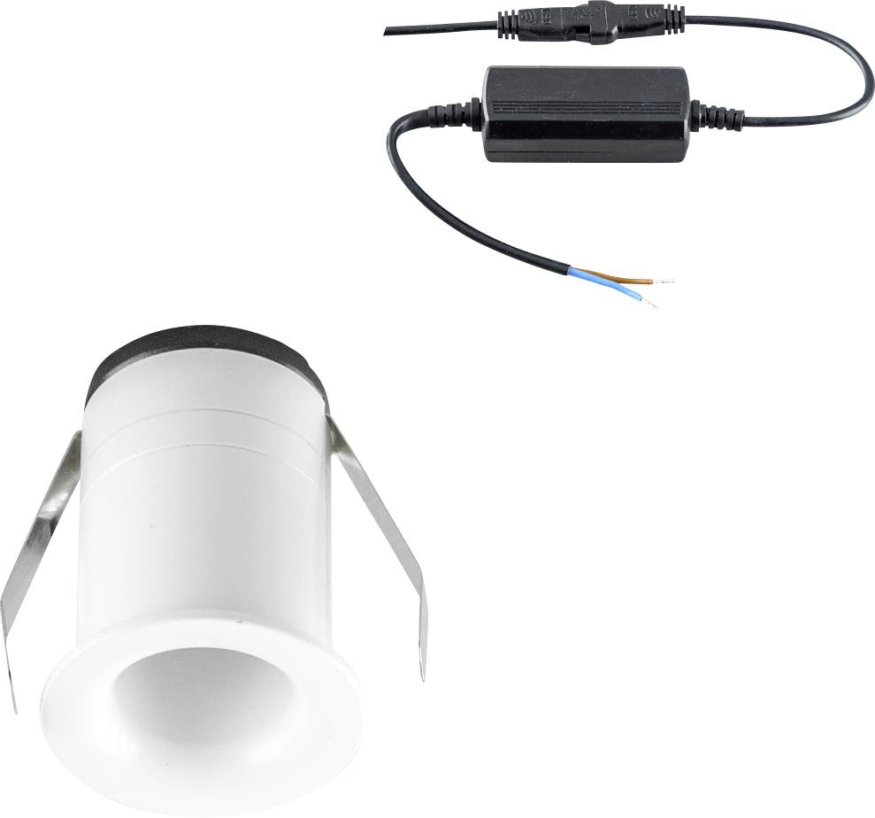 Einbaustrahler mit weißem Gehäuse und zwei Metallklammern. Darüber ein schwarzes Verbindungskabel mit rechteckigem Adapter.