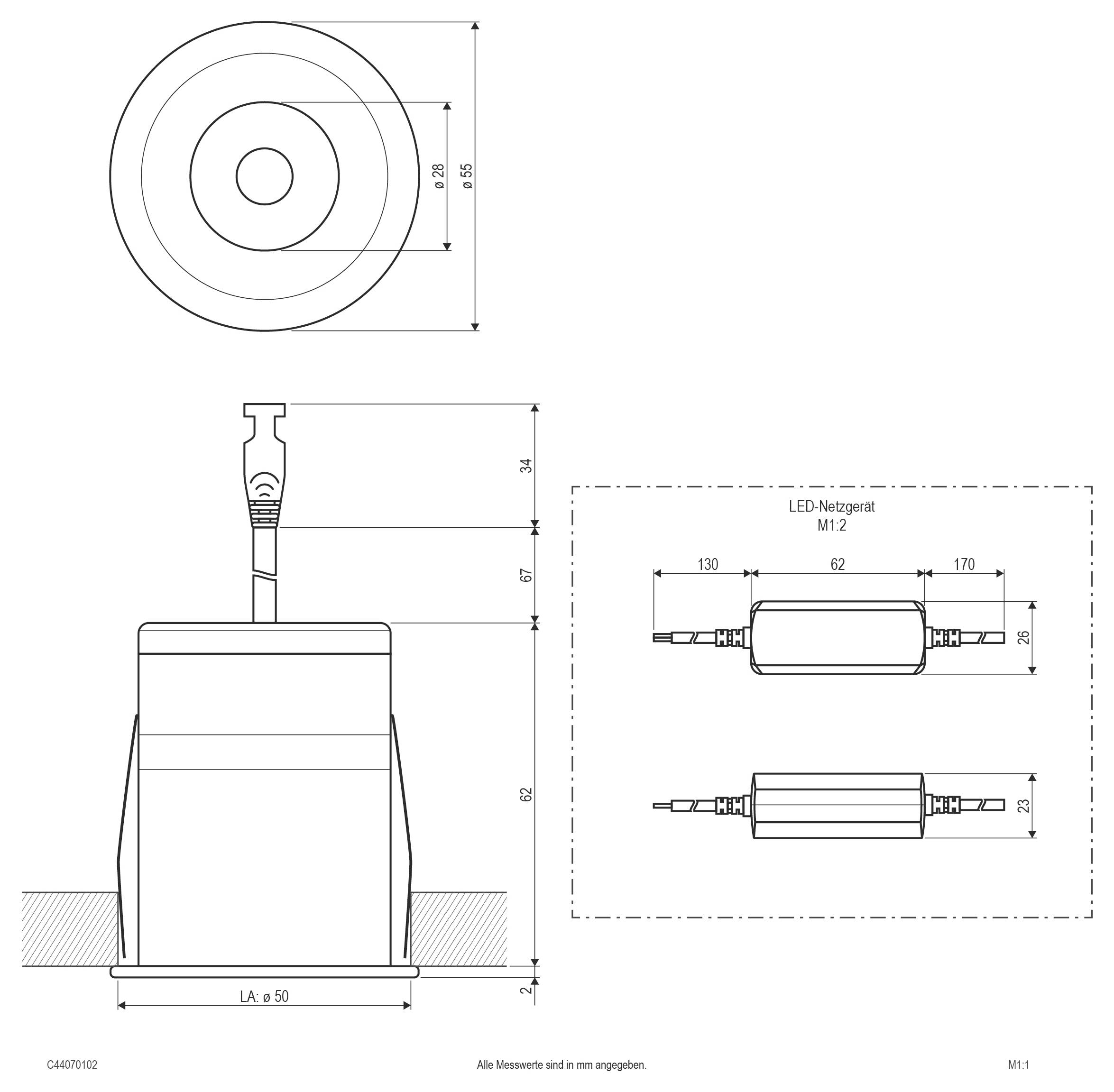 Technische Maßzeichnung eines zylindrischen LED-Gerätes mit Drauf- und Seitenansicht, die Gesamtgrößen und ein separates Layout des 