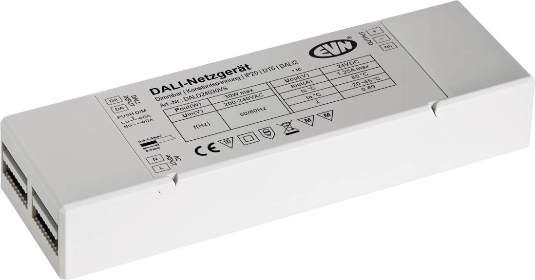 Weißes rechteckiges DALI-Netzgerät Stromversorgung/Steuermodul mit gedrucktem Etikett und Steckerverbindern auf der linken Seite.