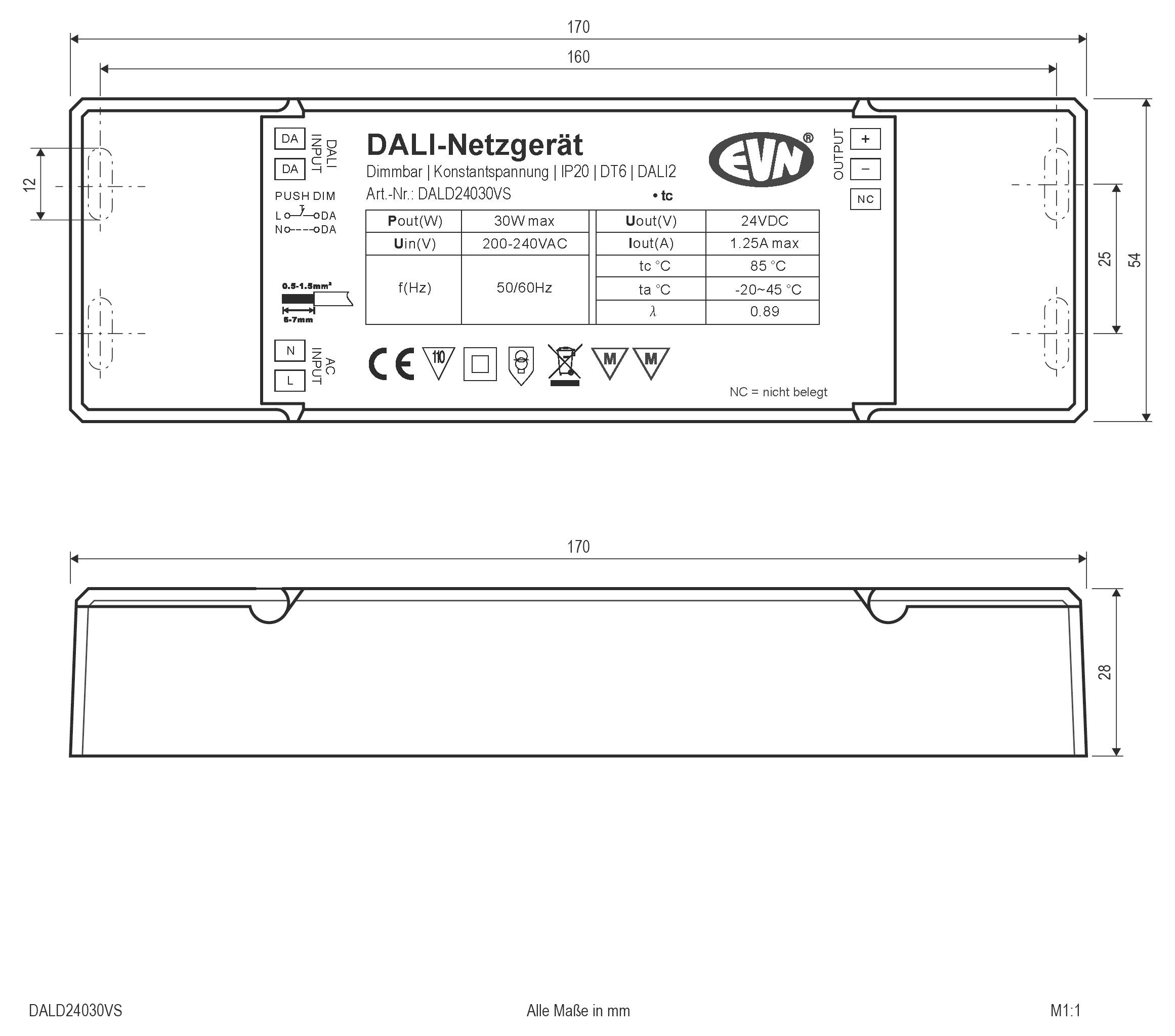 Technische Zeichnung eines EVN DALI-Stromversorgungsgeräts/Dimmmoduls mit Vorder- und Seitenansichten, Abmessungen und Anschlussplänen/Typenschildetikett.